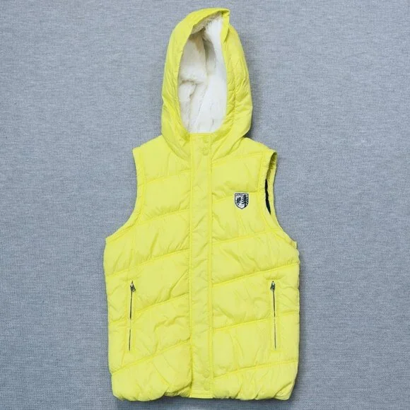 American Eagle Womens Yellow Puffer Vest Faux Fur Hooded Zip Pockets Size Small - Picture 4 of 16